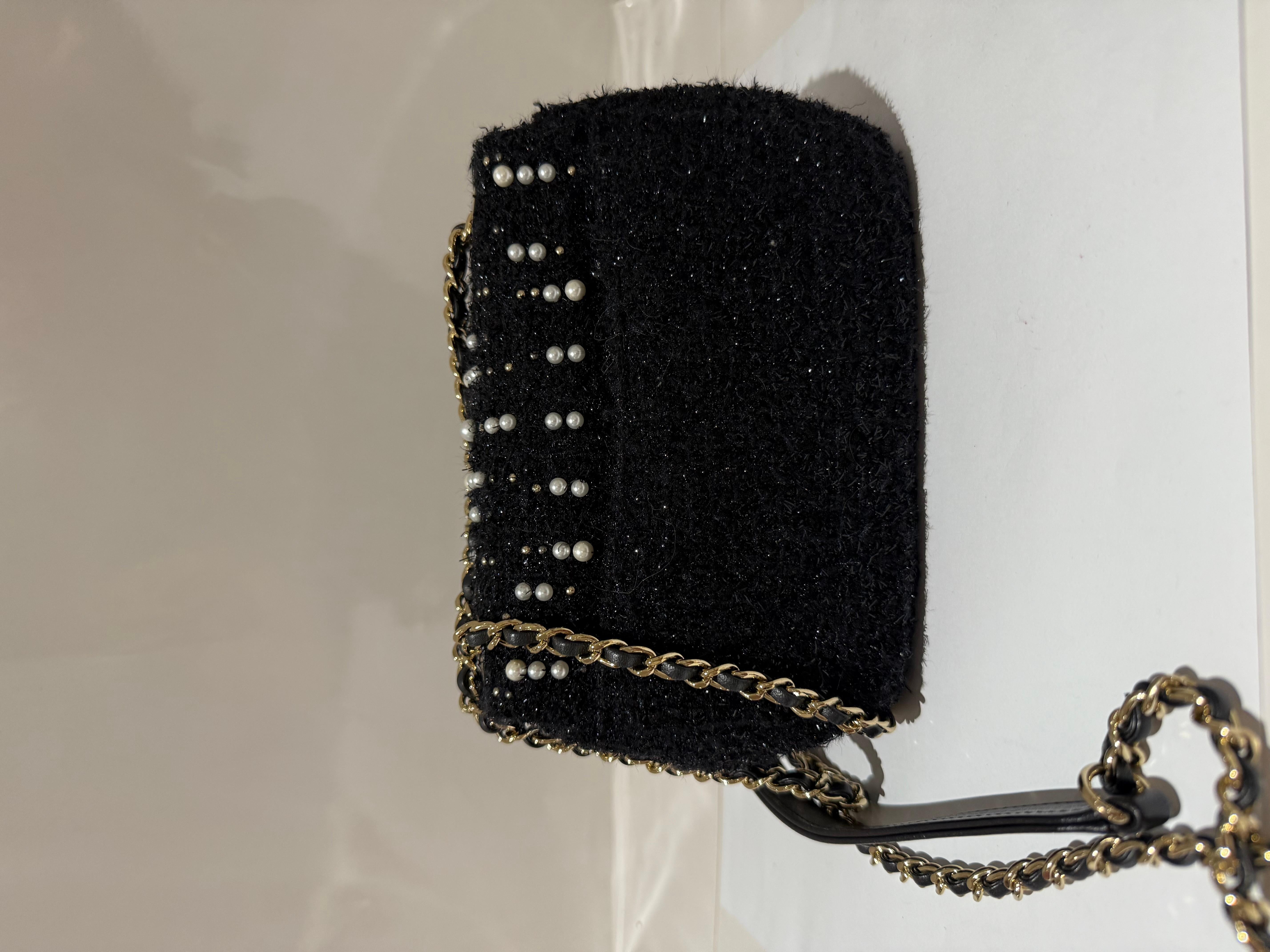 Black Chanel Tweed and Pearl Mini Flap Bag For Sale