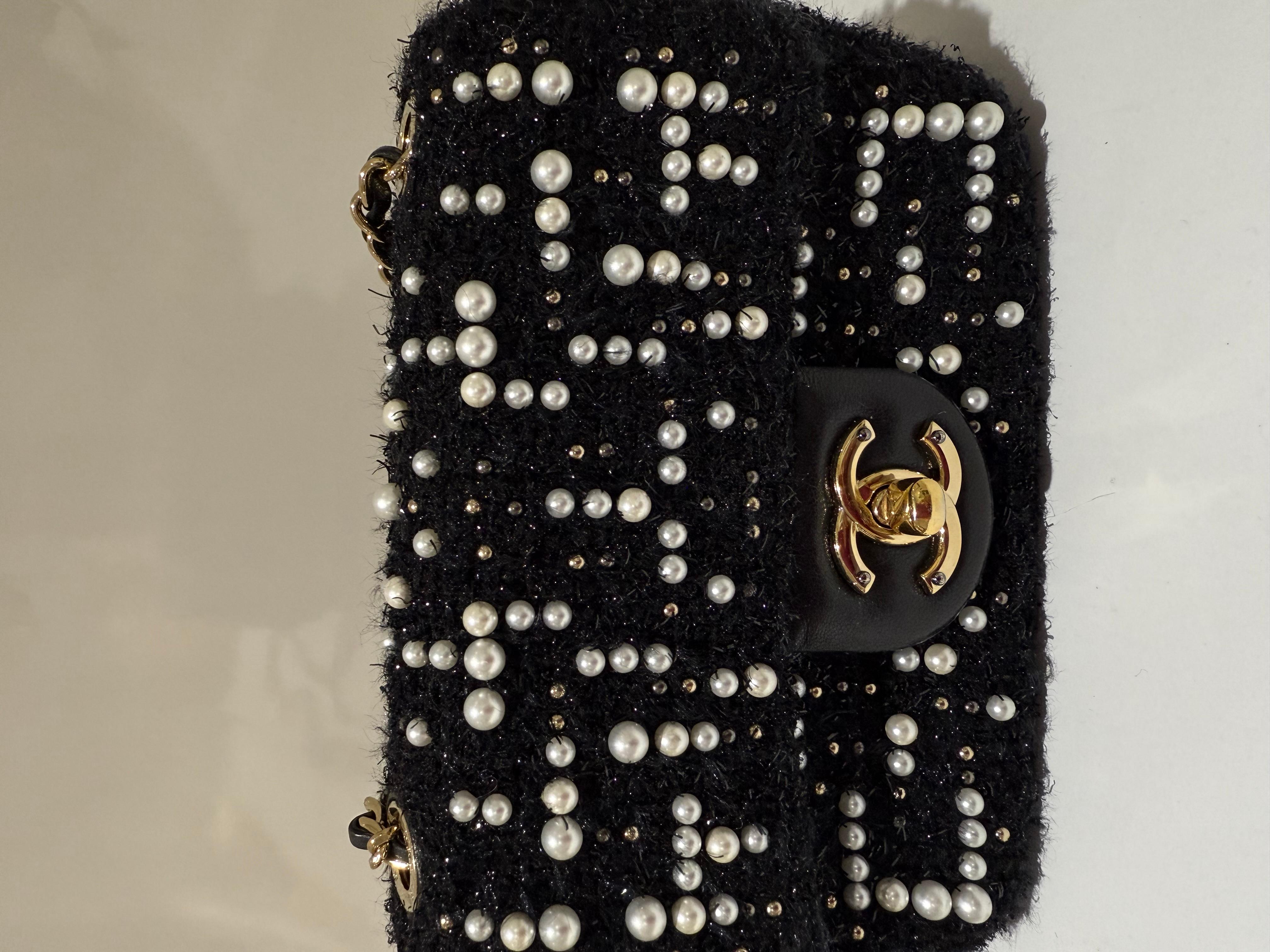 Chanel Tweed and Pearl Mini Flap Bag In Excellent Condition For Sale In London, England
