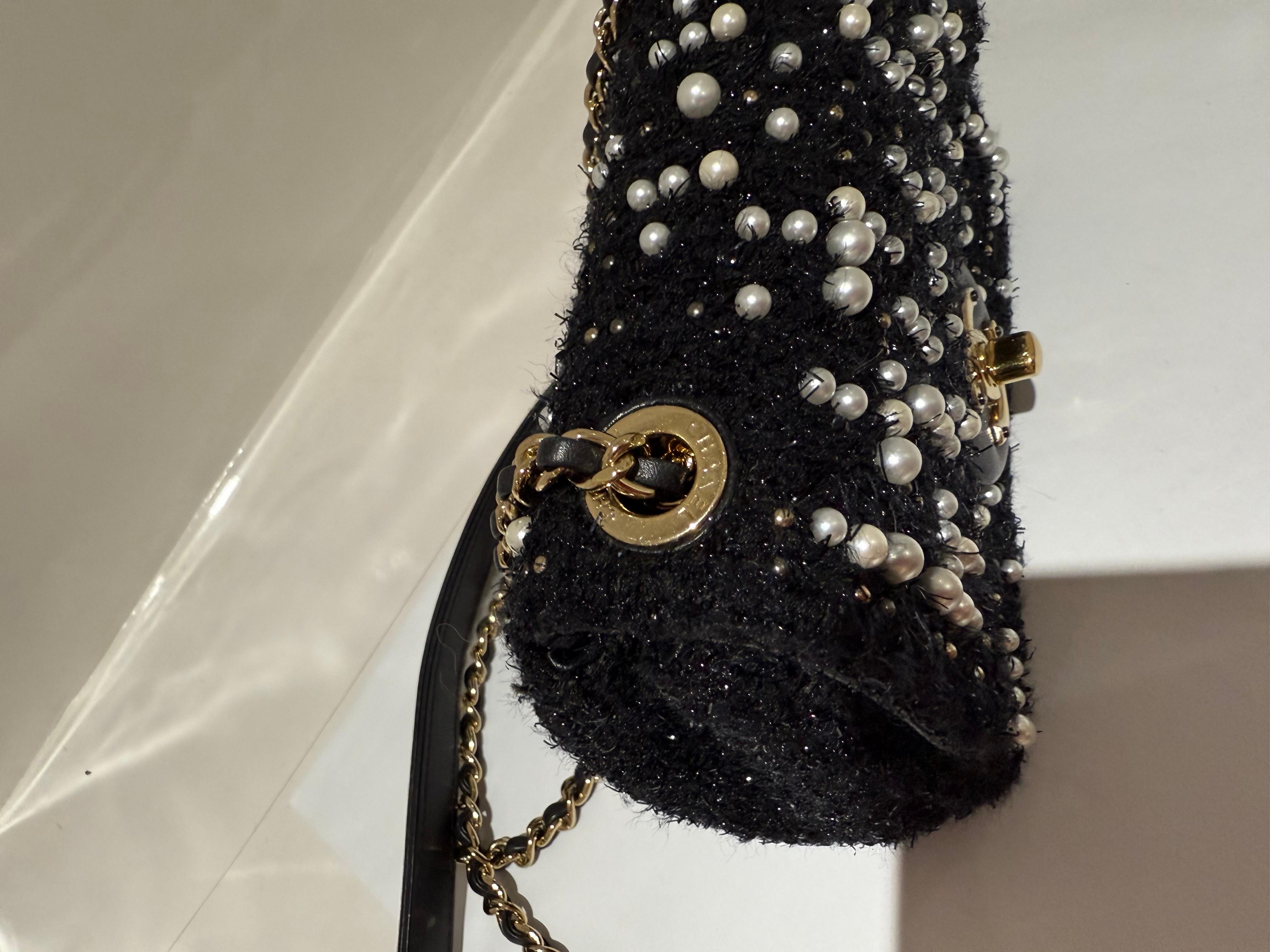 Women's or Men's Chanel Tweed and Pearl Mini Flap Bag For Sale