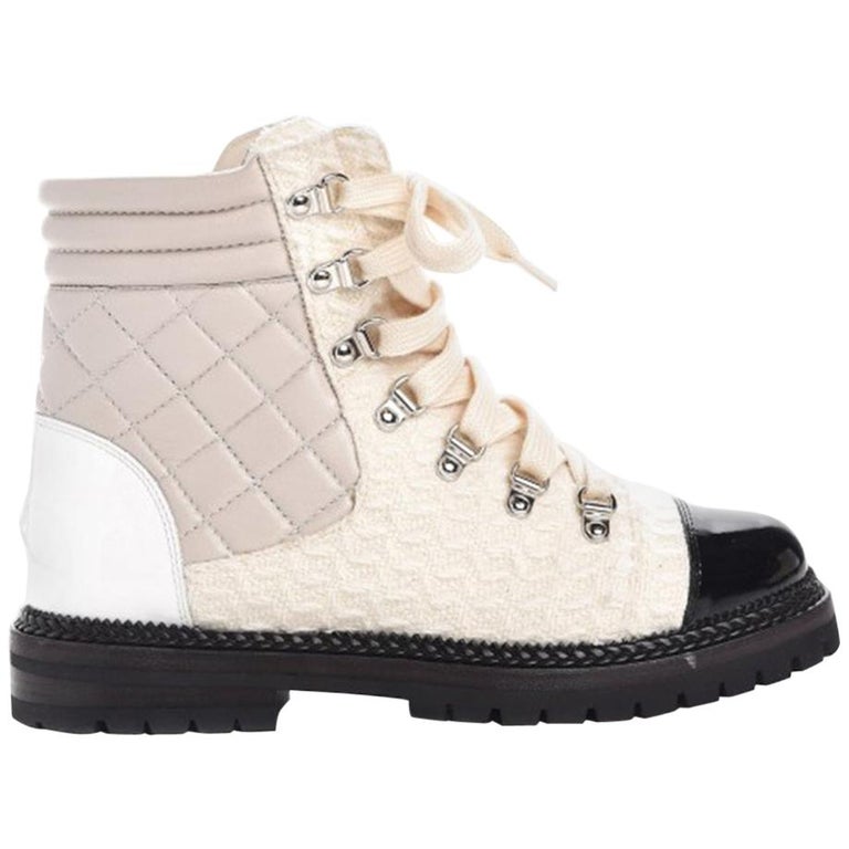 Chanel Tweed and Quilted Lambskin Leather Boots at 1stDibs | chanel tweed  combat boots