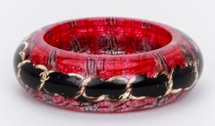 Chanel Tweed Black Inlay Lucite Bangle Bracelet