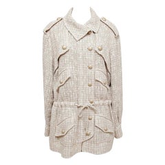 CHANEL Chaqueta Blazer Tweed Tan Blanco Cremallera Botones Manga Larga 44 Primavera 2015