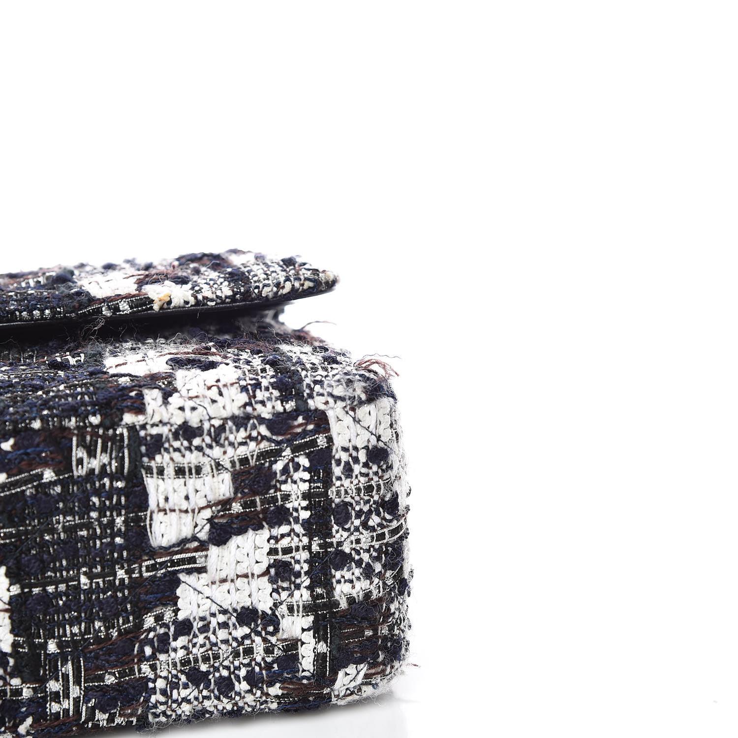 De las mujeres Bolso Chanel Tweed Azul Negro Doble Solapa Mediano en venta