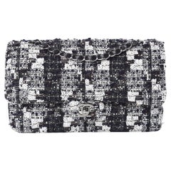 Bolso Chanel Tweed Azul Negro Doble Solapa Mediano
