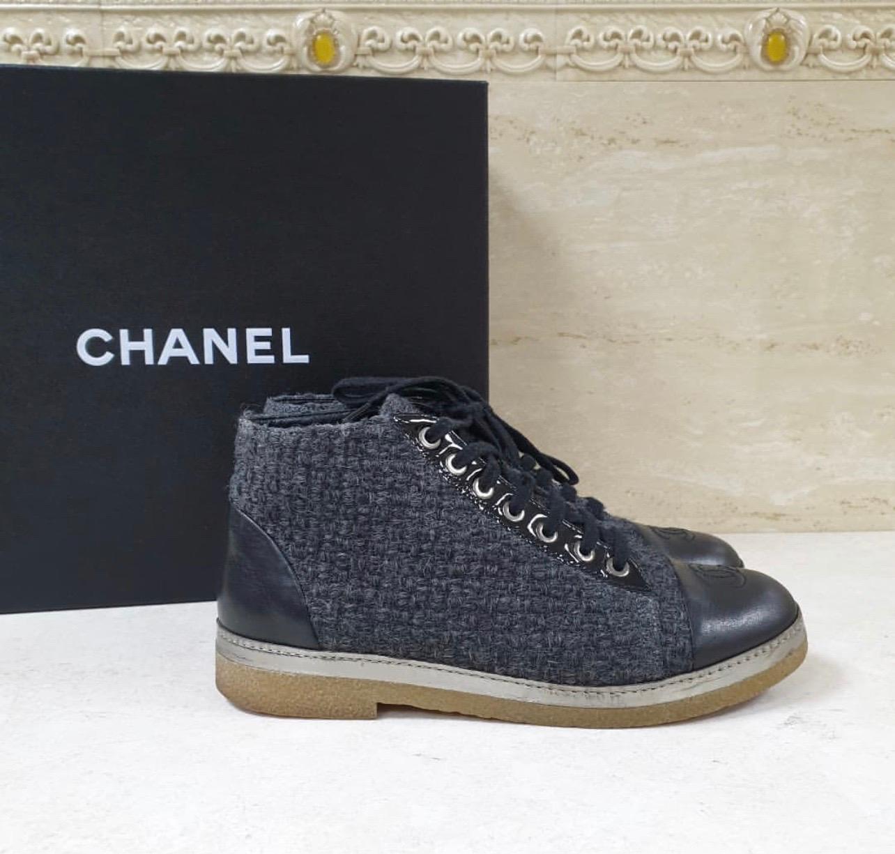 chanel calfskin grosgrain quilted lace up boots