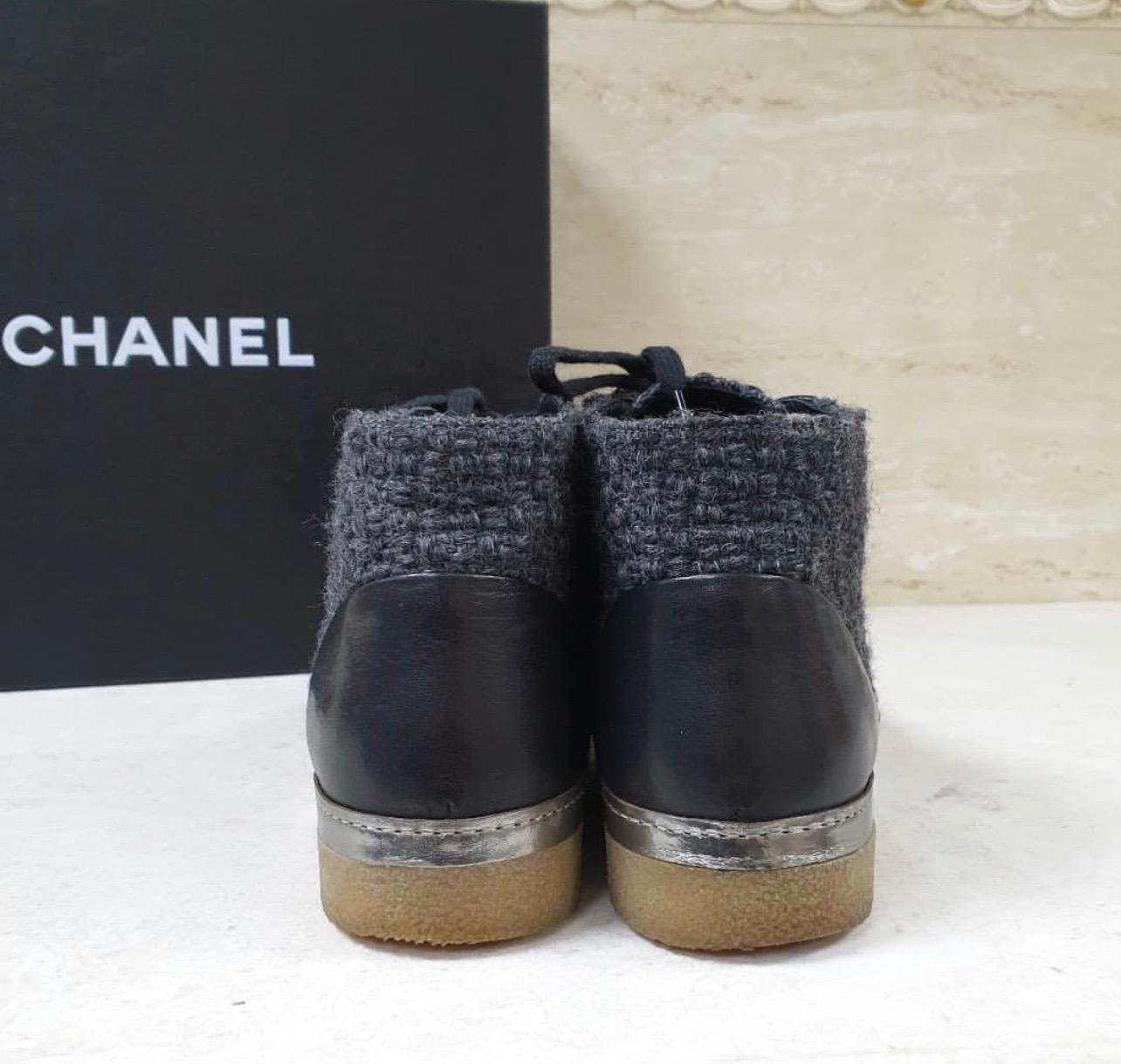 Black Chanel Tweed Calfskin Lace Up Booties