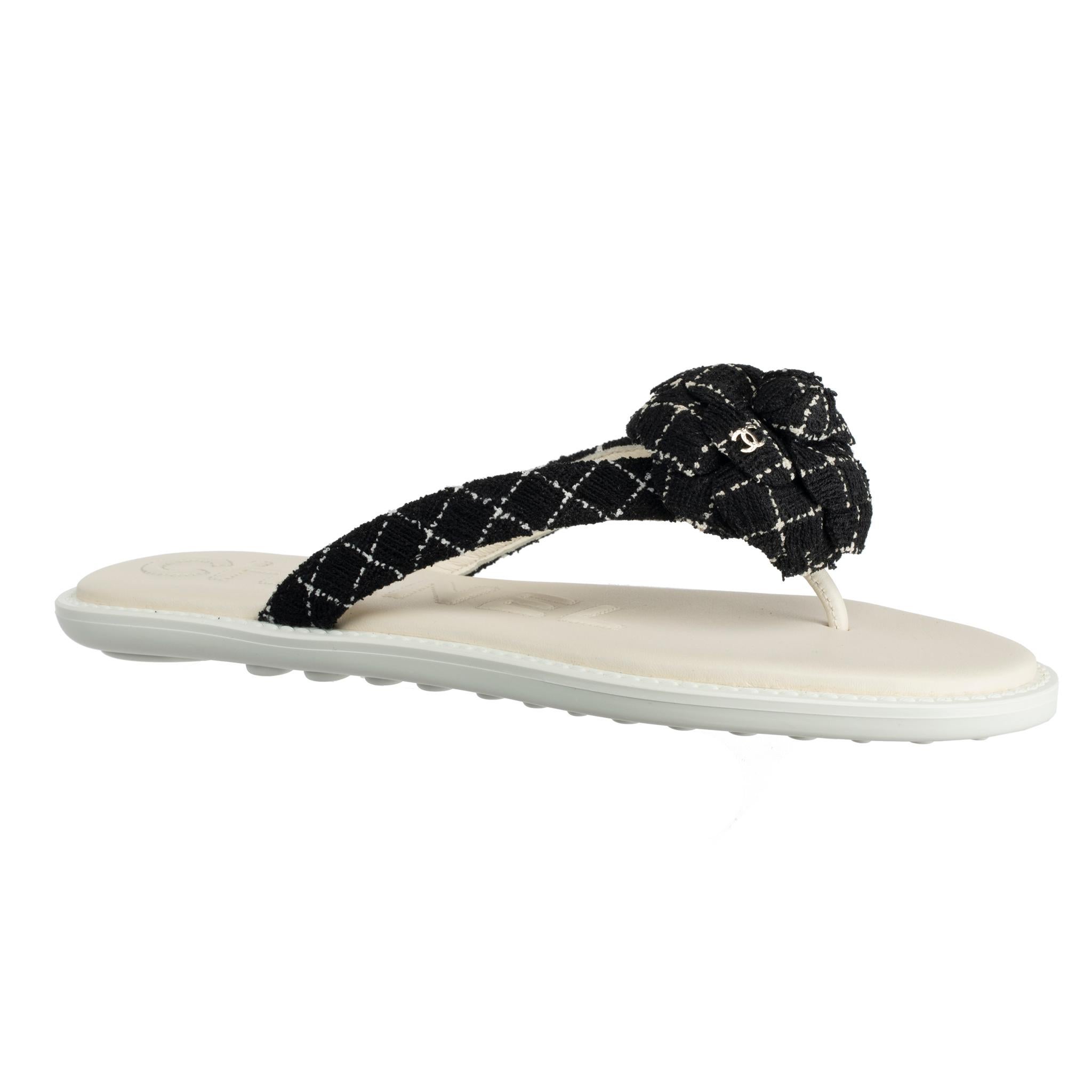 Chanel Tweed Camelia Black & White Sandals 37 FR In Excellent Condition In DOUBLE BAY, NSW