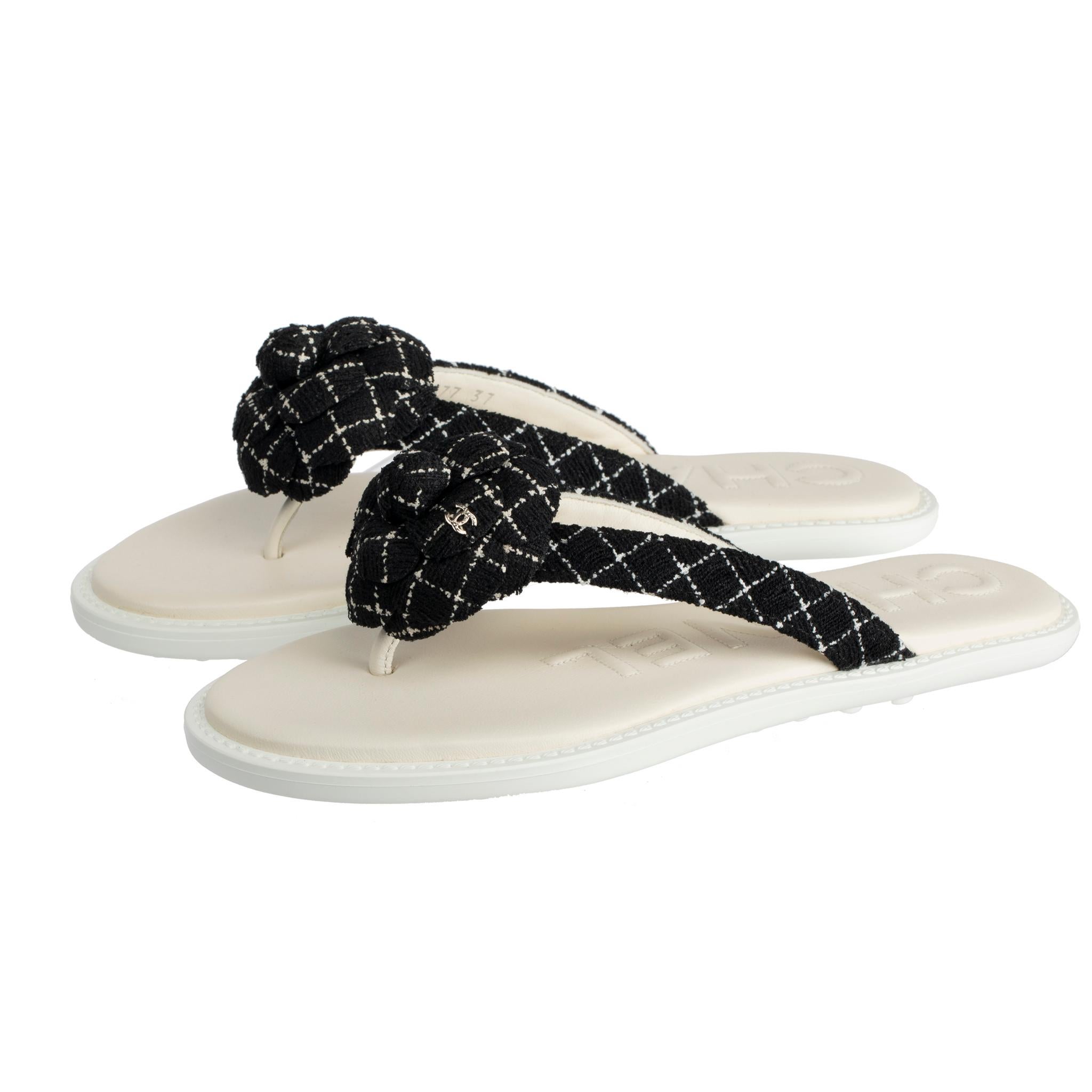 Women's Chanel Tweed Camelia Black & White Sandals 37 FR