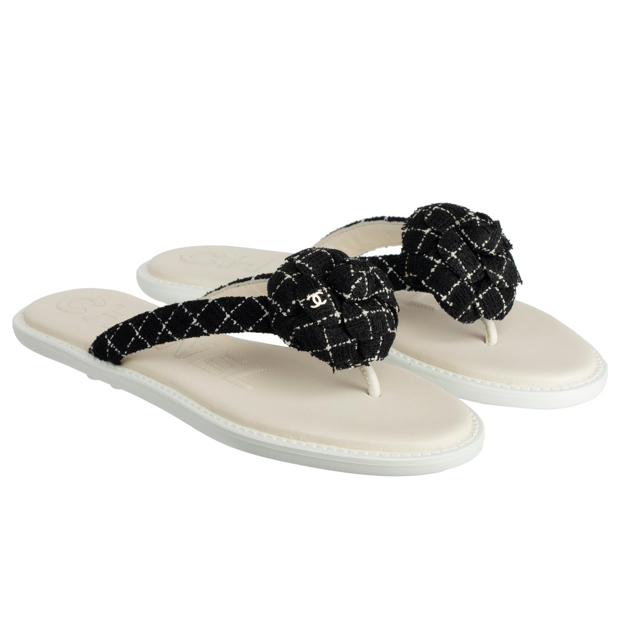 Chanel Tweed Camelia Black & White Sandals 37 FR 1