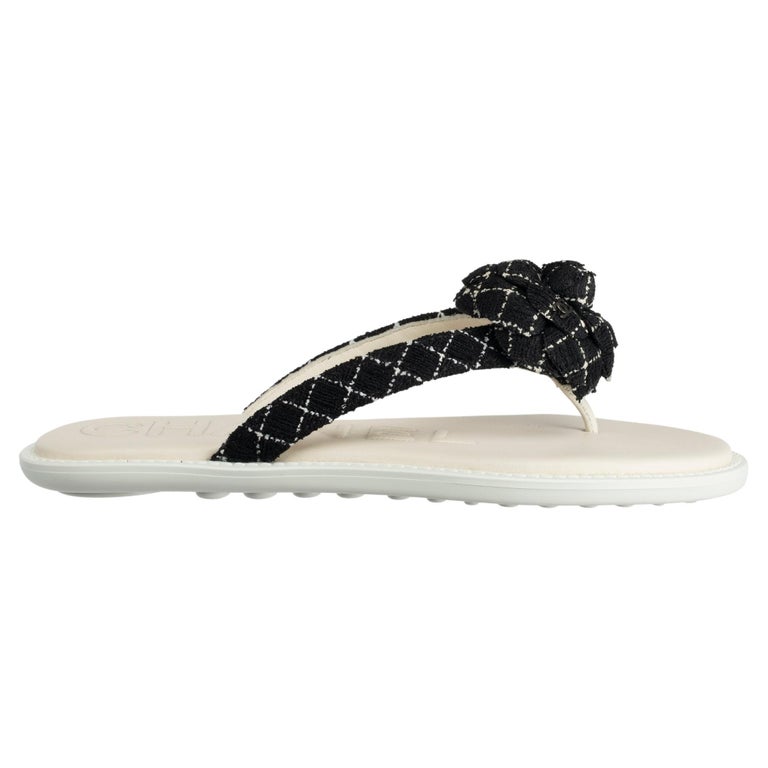 Chanel Tweed Camelia Black and White Sandals 37 FR For Sale at 1stDibs