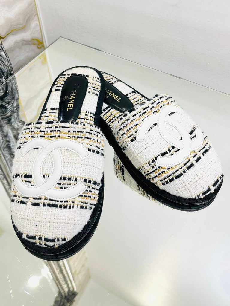 Chanel Tweed 'CC' Logo Slippers For Sale at 1stDibs