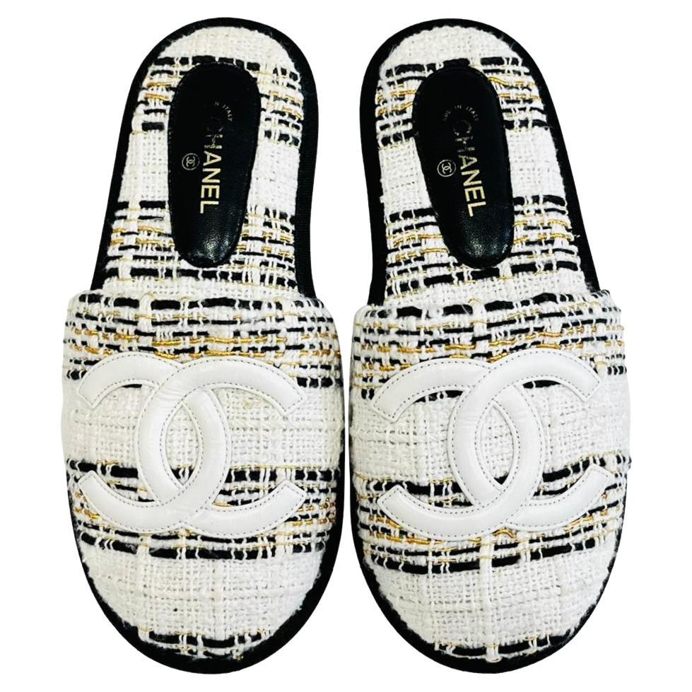 Chanel Tweed 'CC' Logo Slippers For Sale at 1stDibs