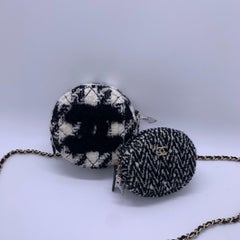 Chanel Tweed Double Circle Pouch on Chain Bag Black White Gold Hardware