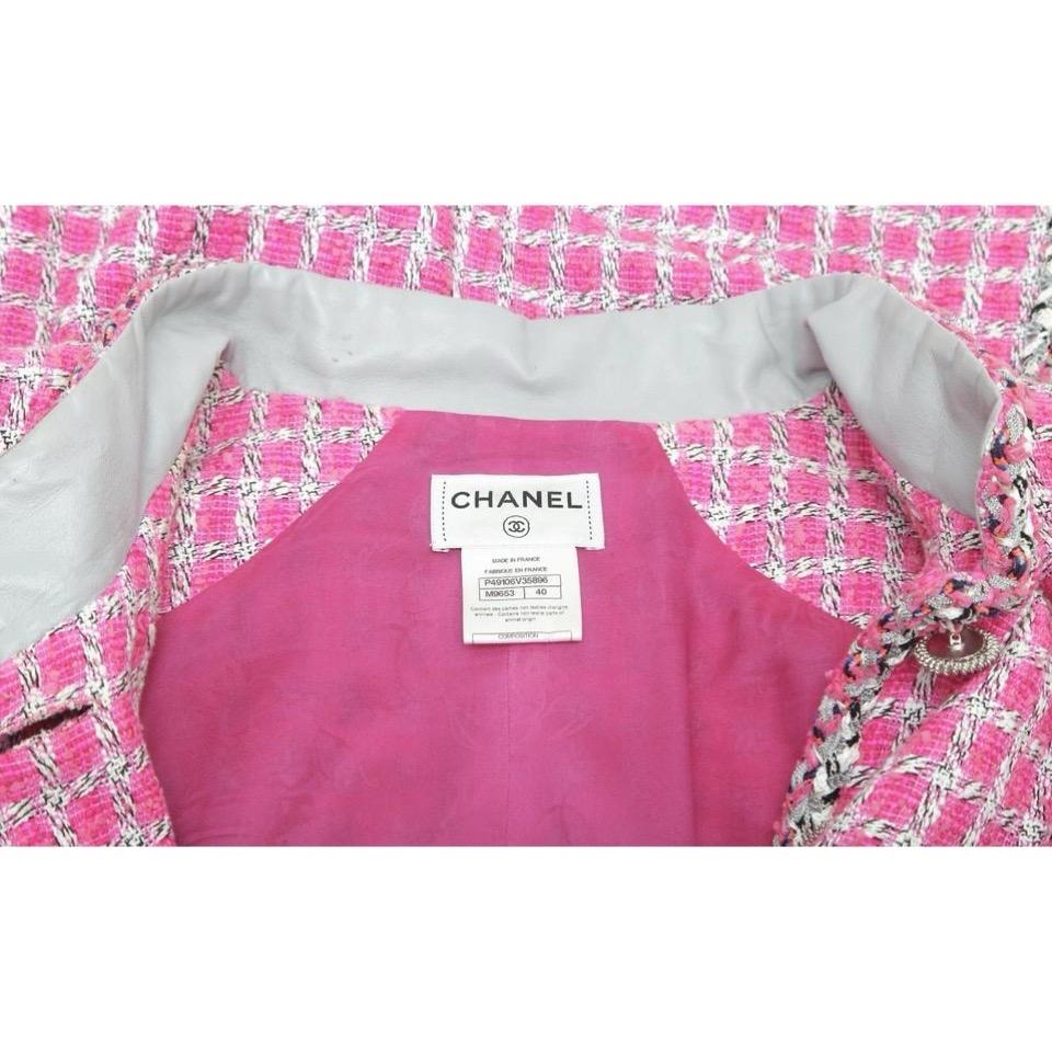 CHANEL Tweed Dress Pink White Black Grey Leather Sleeveless Lesage 40 2