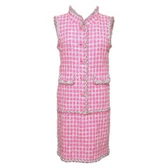 chanel pink tweed dress CHANEL Tweed Dress Pink White Black Grey Leather Sleeveless Lesage 40