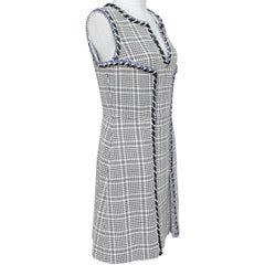 CHANEL Tweed Dress White Blue Sleeveless Chevron Trim Shift Silver CC Sz 42 BNWT