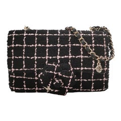 Chanel Tweed Flap Bag Small Black Pink Camellia Single Chain Crossbody