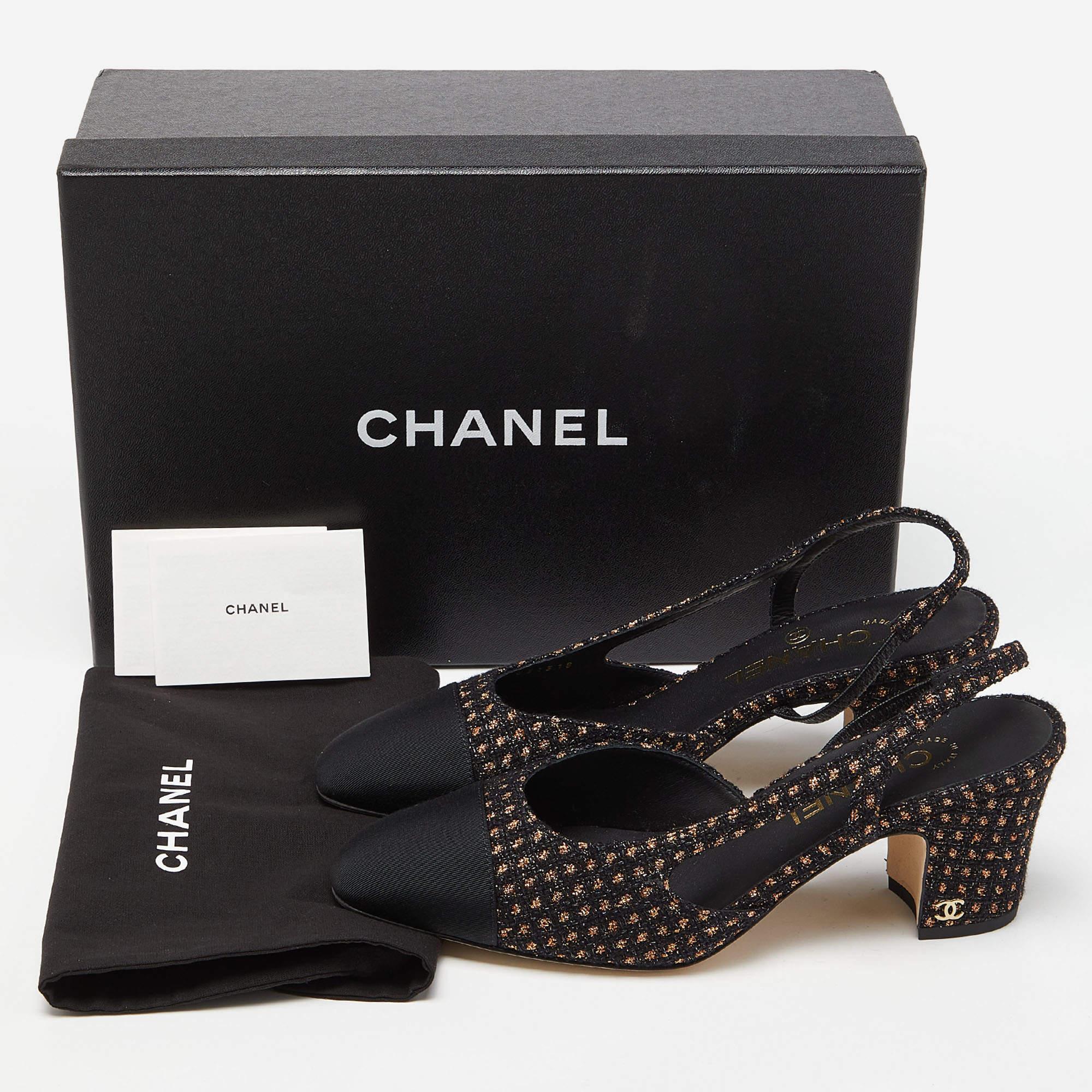 Chanel Tweed, Grosgrain and Canvas Cap Toe Slingback Sandals Size 37.5 For Sale 5