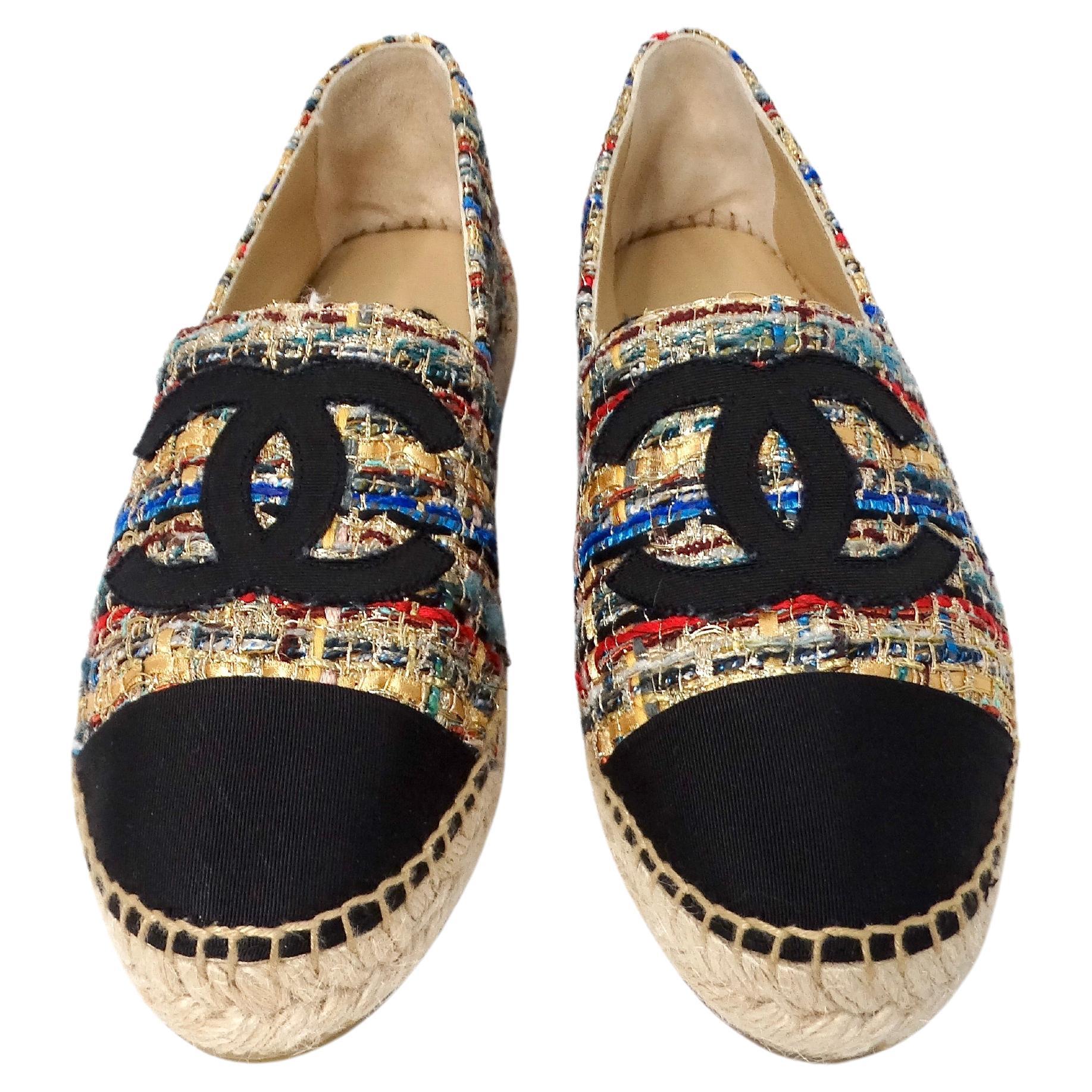 Chanel Tweed Grosgrain Multicolor Interlocking CC Espadrilles
