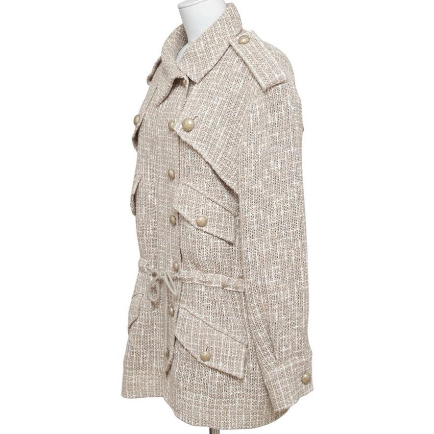 CHANEL Tweed Blazer Jacket Tan White Zipper Buttons Long Sleeve 44 Spring 2015 In Excellent Condition In Hollywood, FL