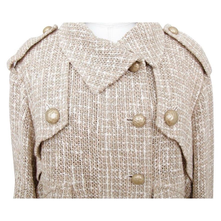 Women's CHANEL Tweed Blazer Jacket Tan White Zipper Buttons Long Sleeve 44 Spring 2015