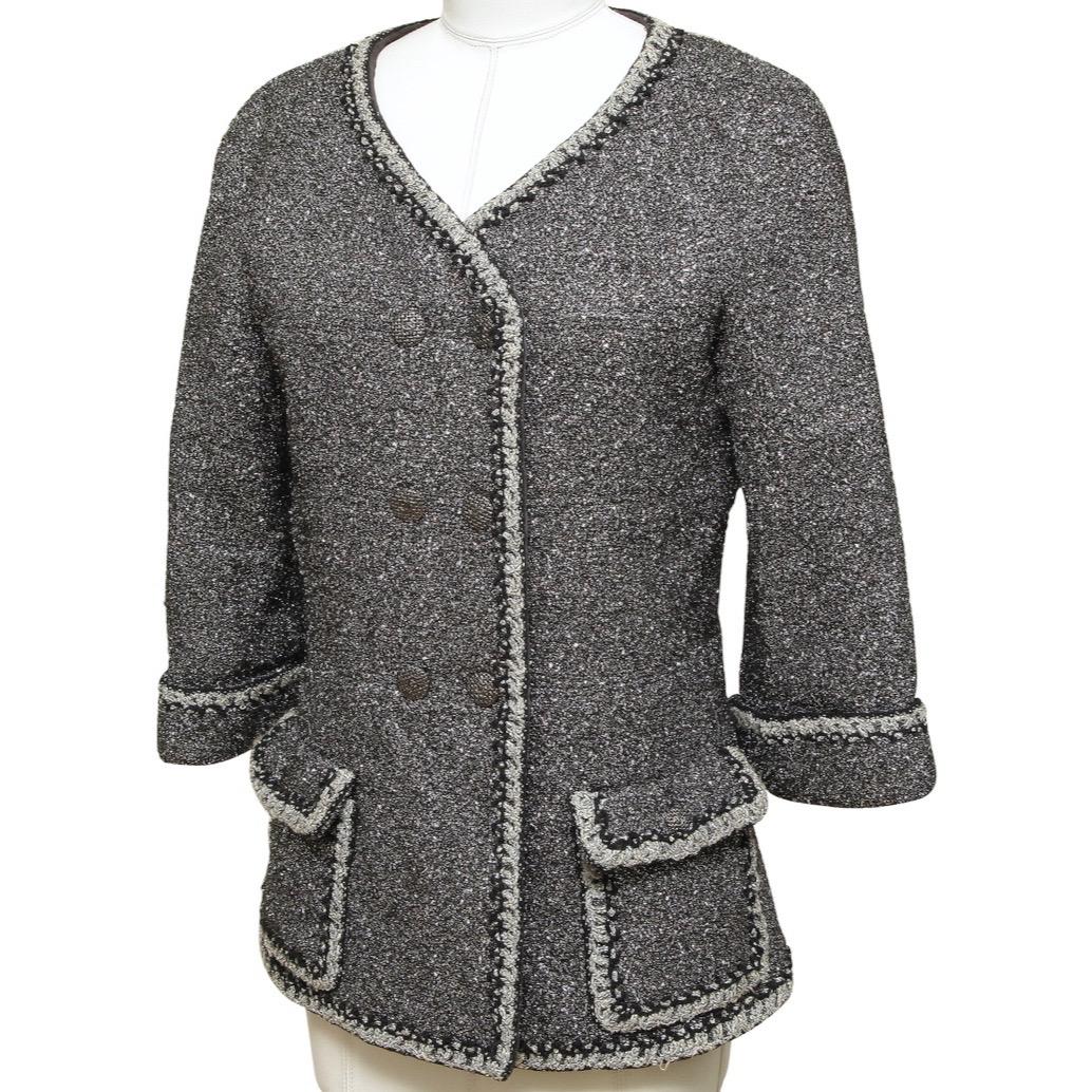 CHANEL Jacket Coat Tweed Silver Metallic 3/4 Sleeve Double Breast 2014 14P 40 In Fair Condition For Sale In Hollywood, FL
