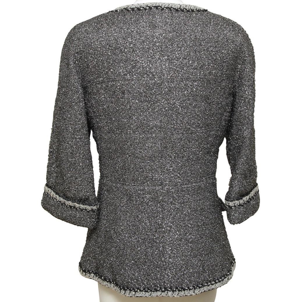 Women's CHANEL Jacket Coat Tweed Silver Metallic 3/4 Sleeve Double Breast 2014 14P 40 For Sale
