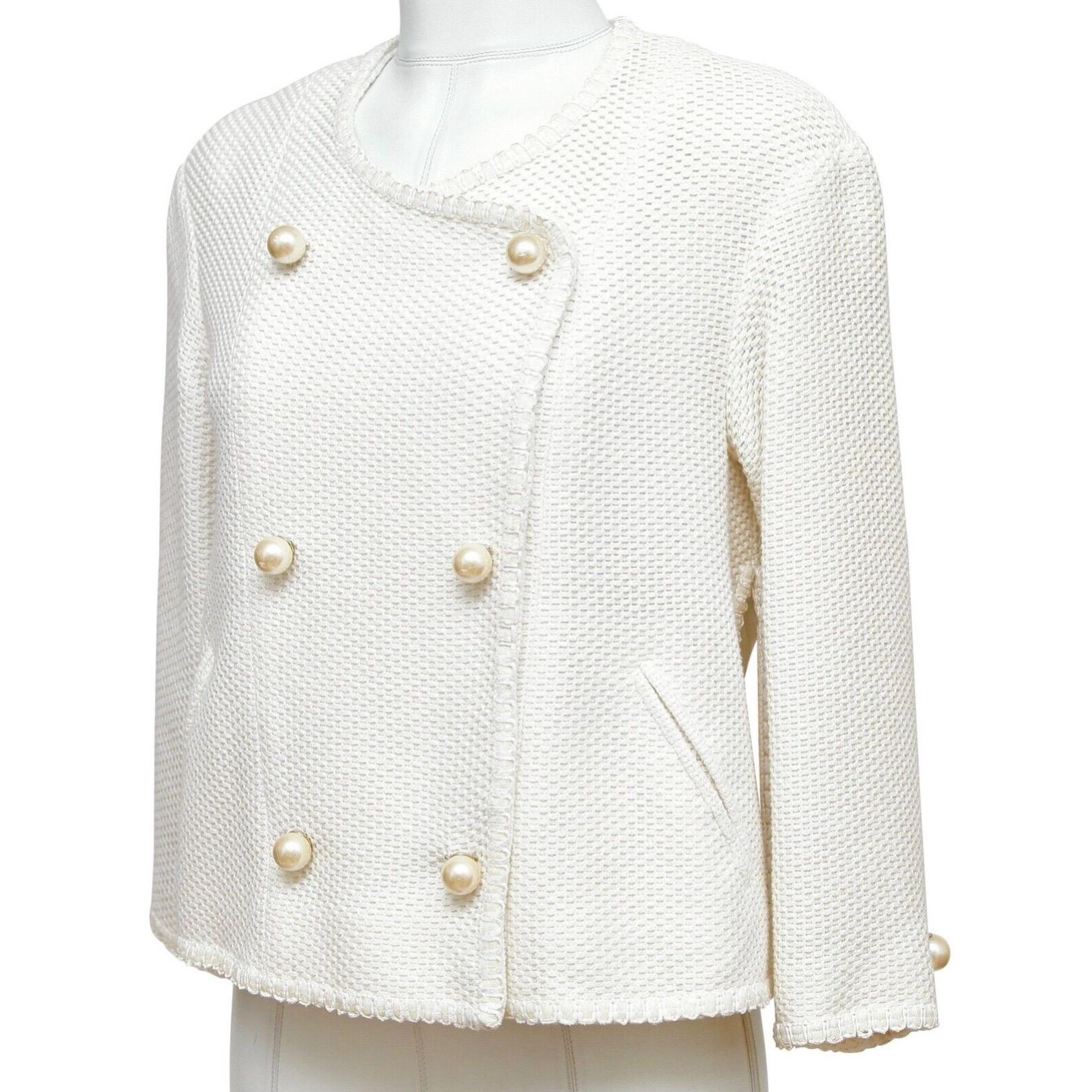 Gray CHANEL Tweed Jacket Coat White Pearl 3/4 Sleeve Double Breasted 2013 13S Sz 34 For Sale