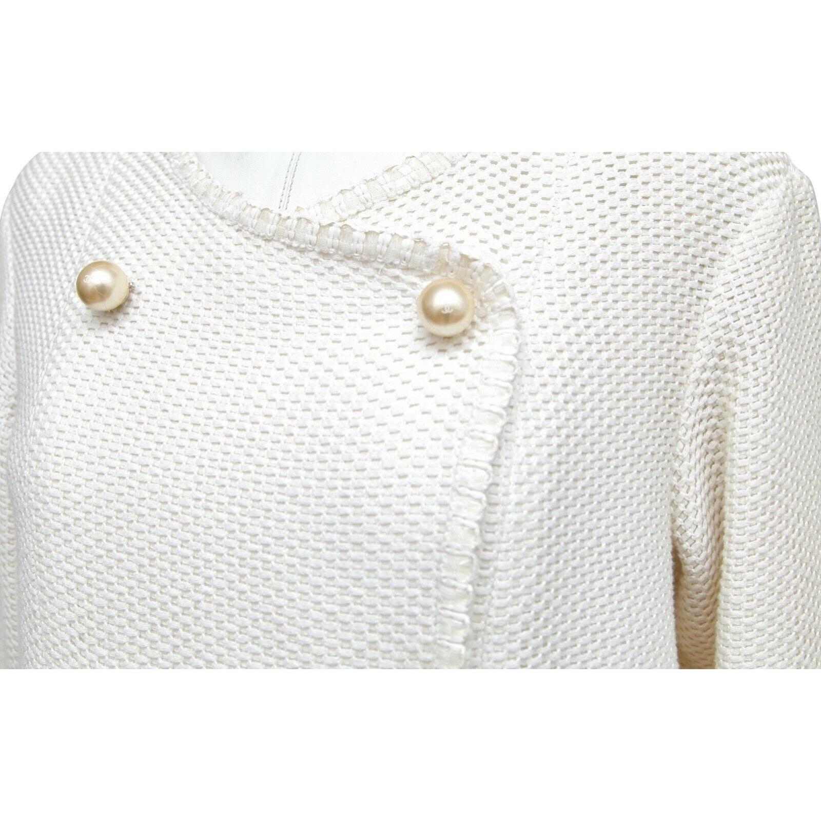 Women's CHANEL Tweed Jacket Coat White Pearl 3/4 Sleeve Double Breasted 2013 13S Sz 34 For Sale