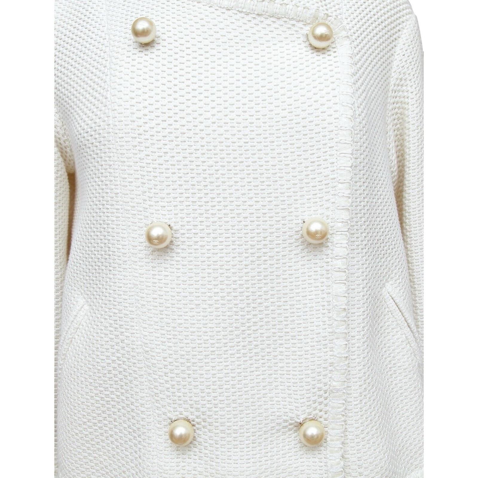 CHANEL Tweed Jacket Coat White Pearl 3/4 Sleeve Double Breasted 2013 13S Sz 34 For Sale 1