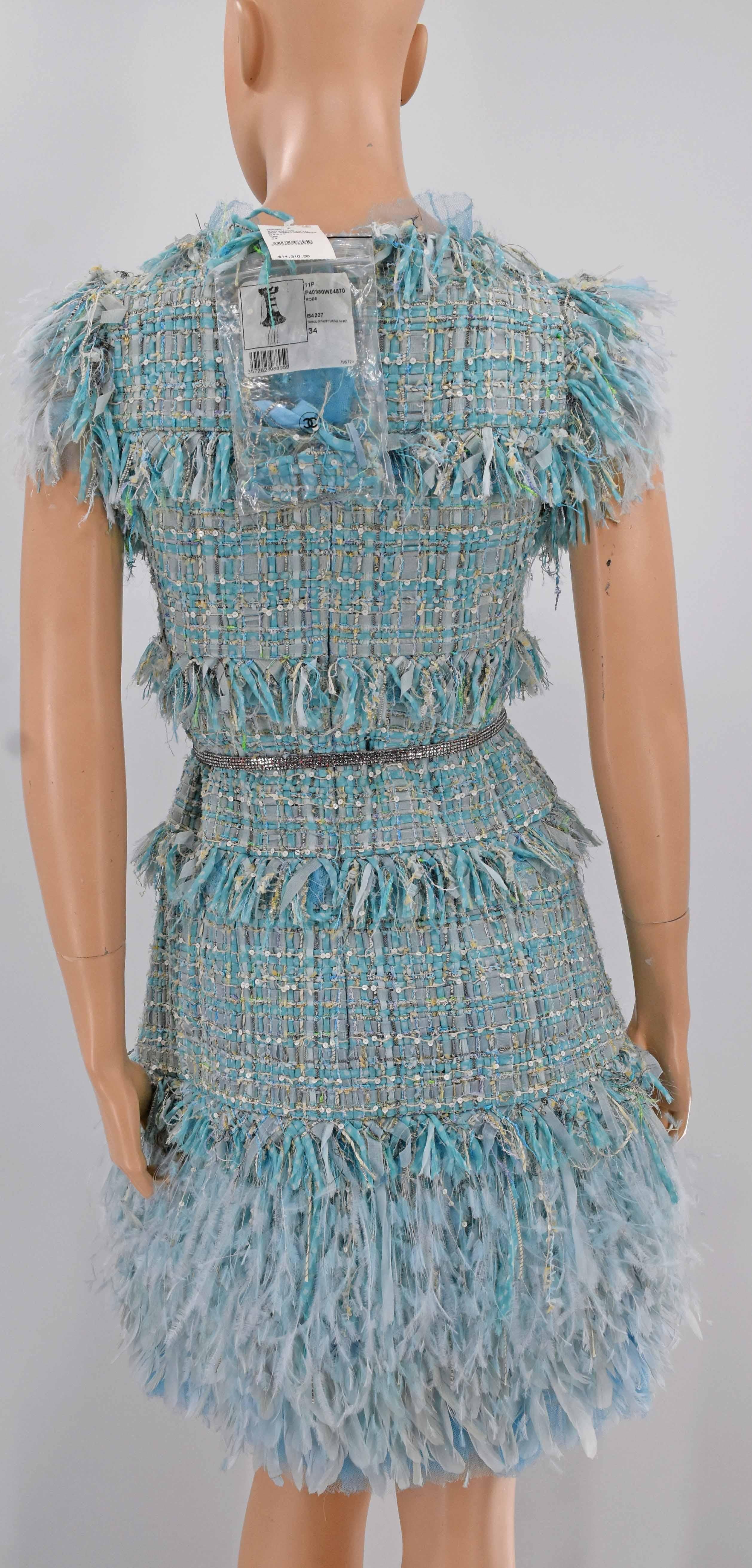 Gray Chanel Tweed Jeweled Runway Fringe Dress With Belt NWT $14, 310 11P Spring 2011  For Sale