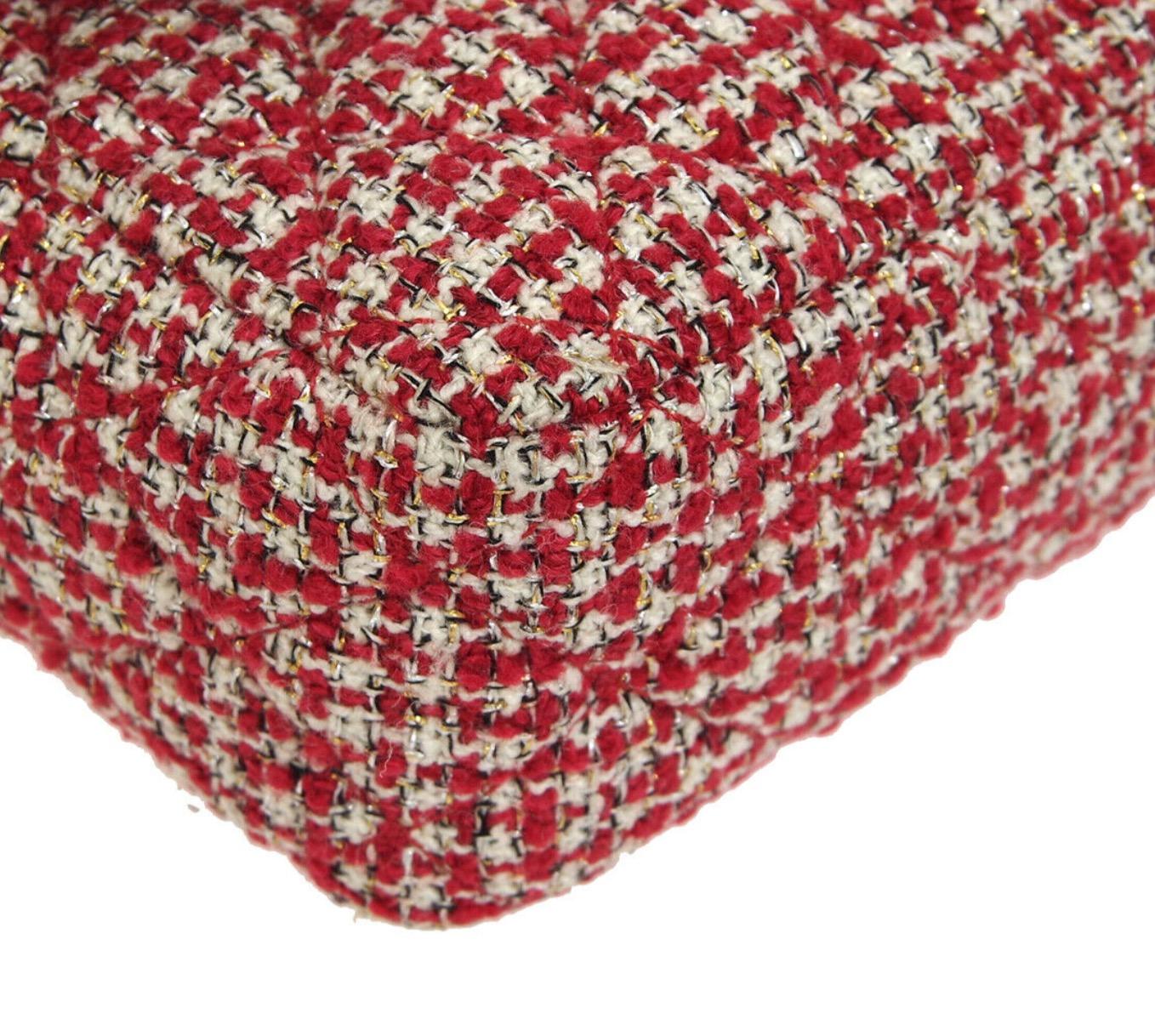 Chanel Tweed Leder Rot Weiß Silber Medium Abend Umhängetasche Klappe 1