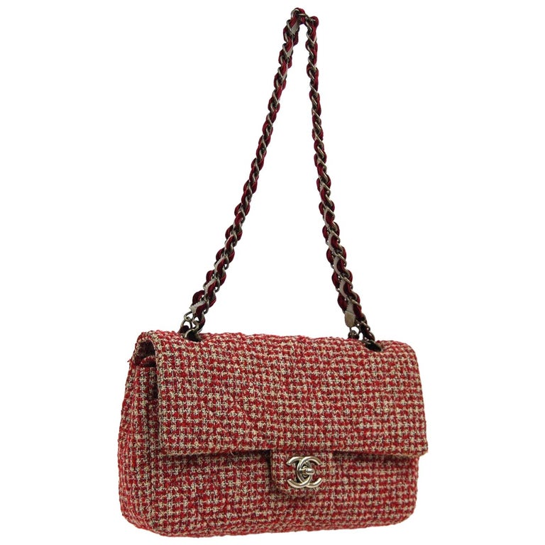 Chanel Tweed Leather Red White Silver Medium Evening Shoulder Flap Bag ...