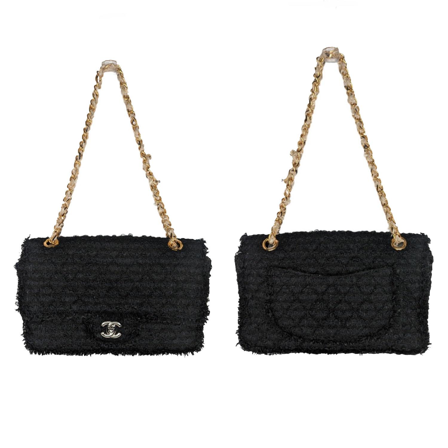 Chanel Tweed Matelasse Medium Flap Bag crafted of black woven tweed with gold-tone and gunmetal hardware, exterior patch pocket, CC turn-lock closure, white tweed and chain-link threaded strap, fine textile interior with a zipper and flat