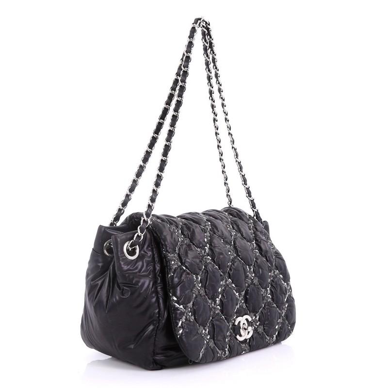 Black Chanel Tweed On Stitch Bubble Accordion Flap Bag Quilted Nylon Medium