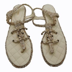 Chanel Tweed Pearl CC Thong Sandals