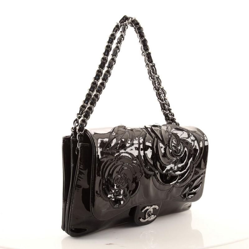 Black Chanel Tweed Petals Camellia Flap Bag Patent Medium