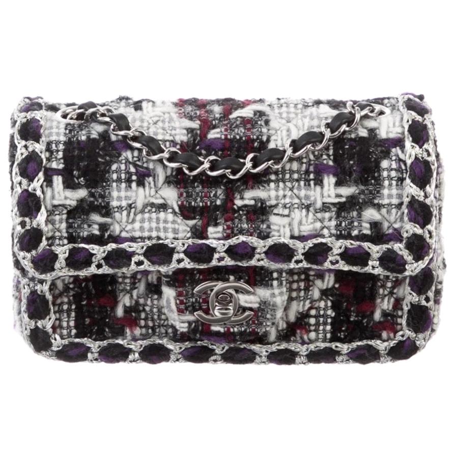 Chanel Tweed Purple Black White Silver Small Evening Shoulder Flap Bag in Box