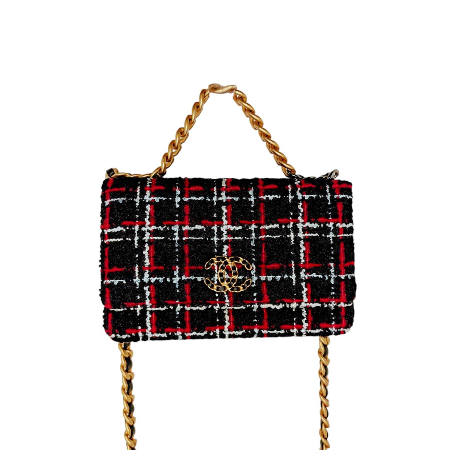 Black Chanel Tweed Quilted Chanel 19 Wallet On Chain WOC For Sale