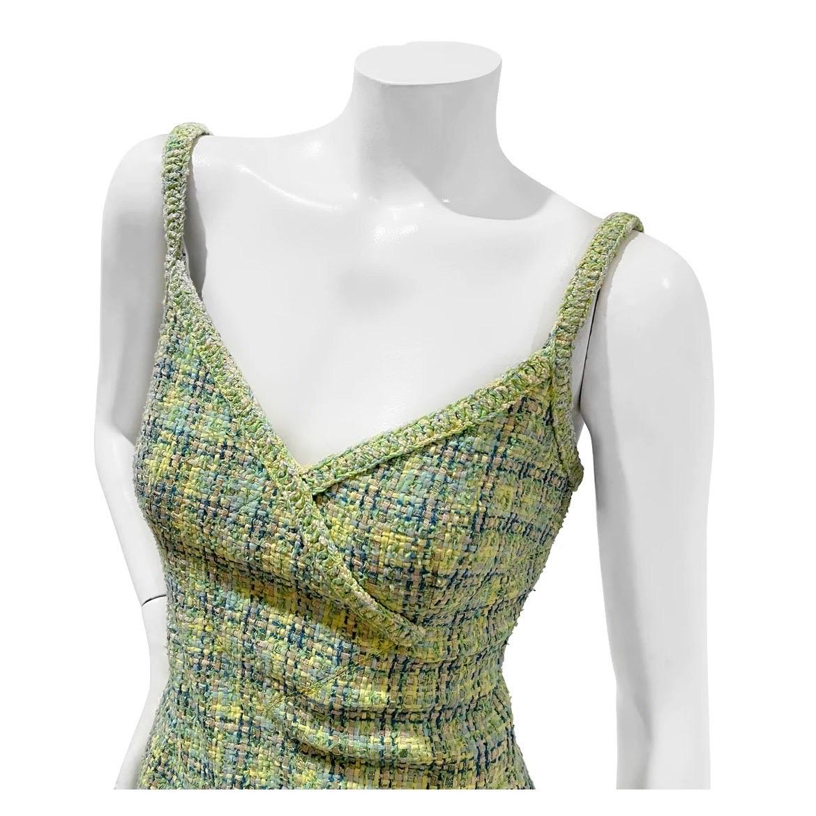 Green Tweed Romper by Chanel 
Spring / Summer 2019
Made in France
Green/yellow
Crochet trim detail
Tweed
Spaghetti straps
Dual diagonal front pockets
Invisible back zip closure
'V' neck
Ruched detailing on bottom of shorts
Single Chanel logo crystal