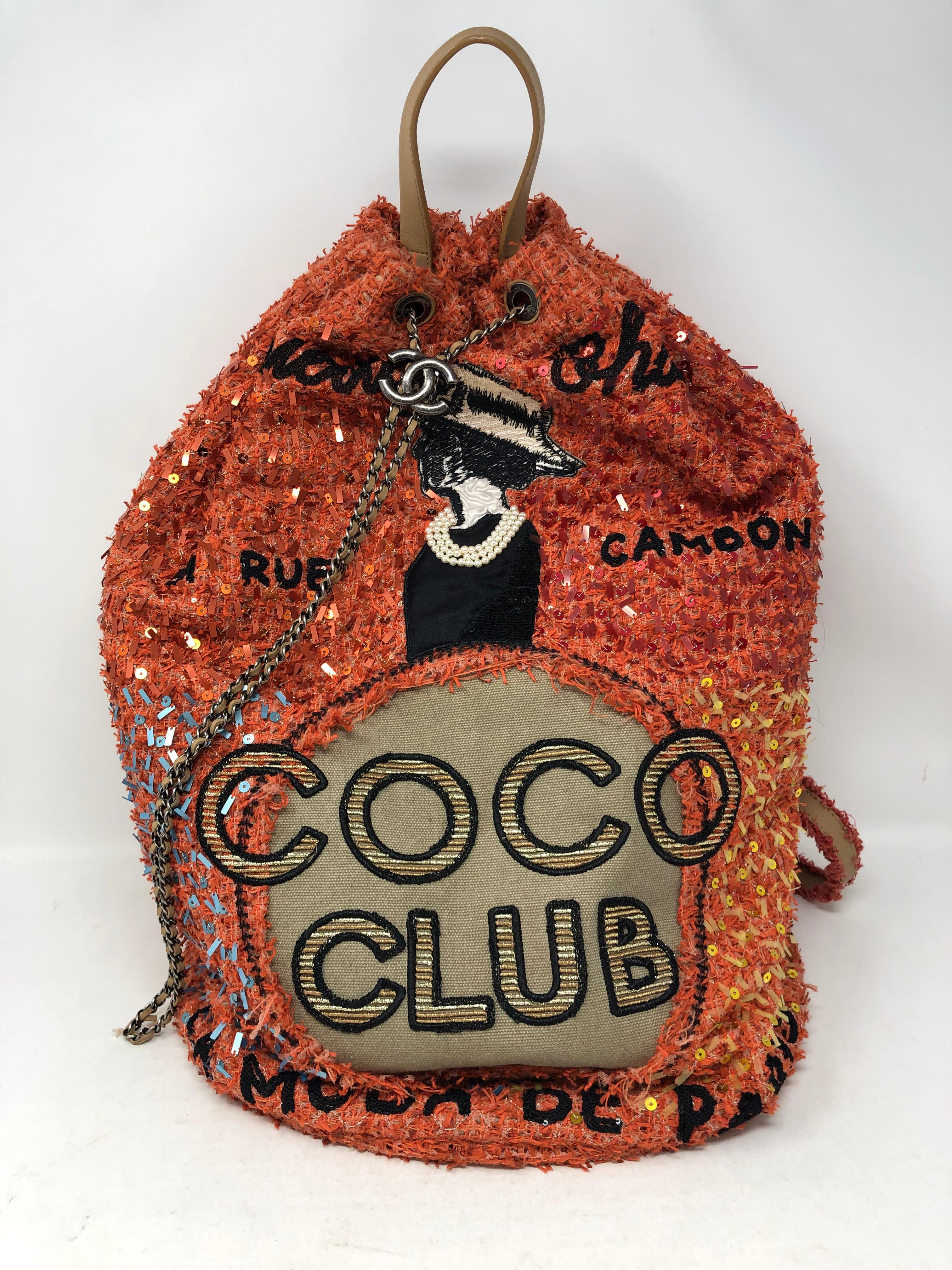 Chanel Tweed Sequins Embroidered Coco Club Backpack from 2017 Cuba Cruise Collection. This limited backpack features elements of Cuban culture. Rare one for your collection. Very roomy and a lighter bag. Great for travel or everyday. Good condition.