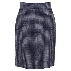 CHANEL Tweed Skirt Navy White Black Knee Length Pencil Pockets Gunmetal Sz 38