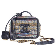 Chanel 2018 Blue Multicolor Tweed Snakeskin Crossbody Bag with Gold