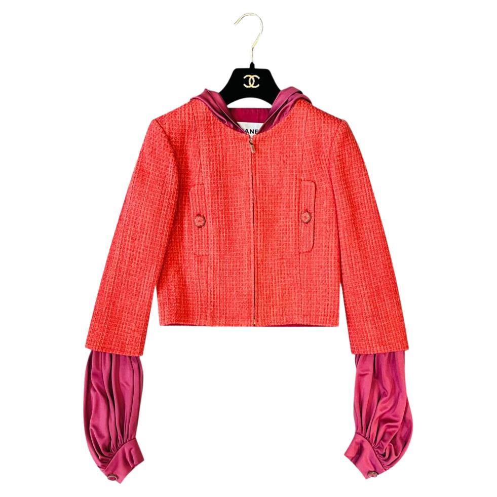  Chanel Tweed Wool & Silk Blend Hooded Jacket For Sale