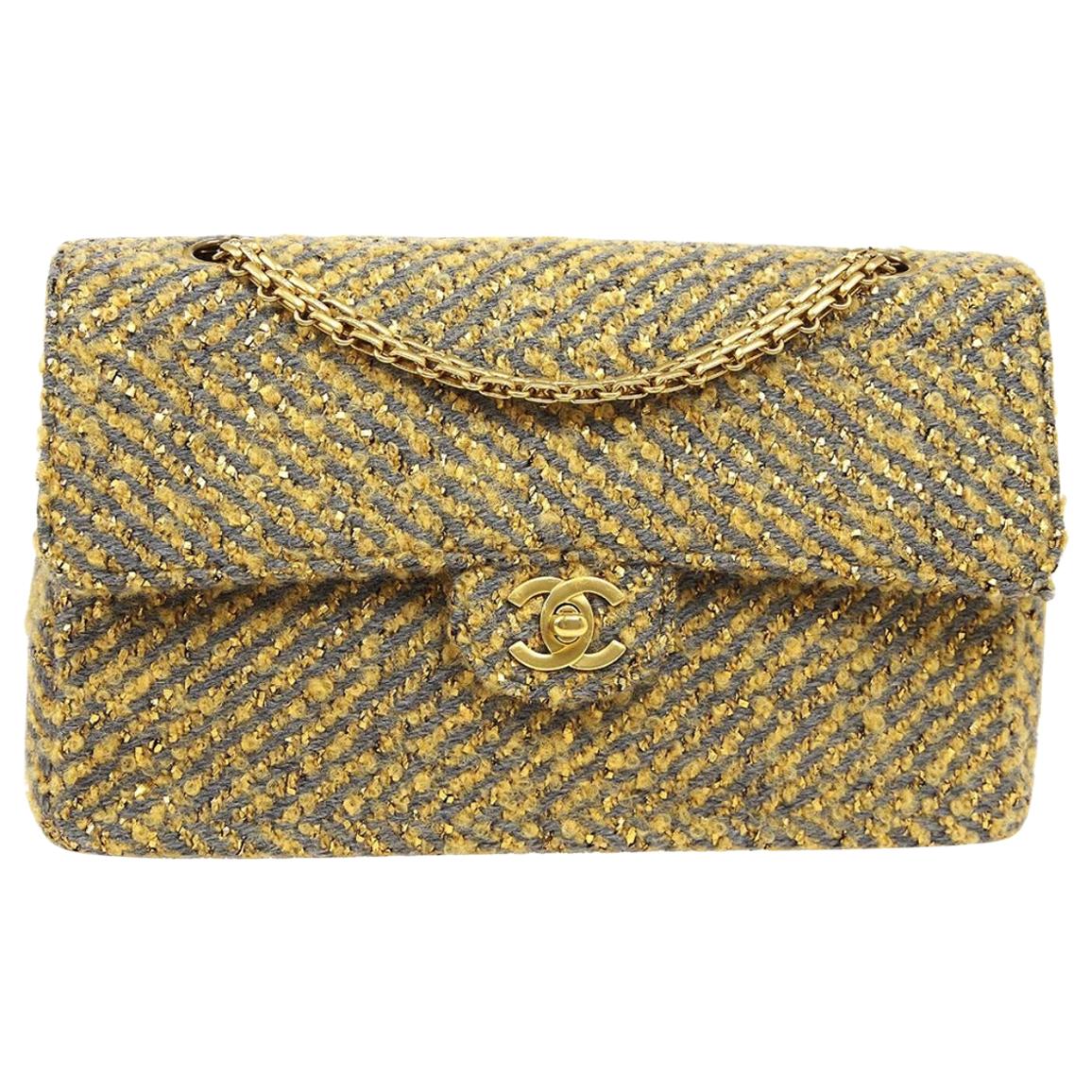 Chanel Tweed Yellow Gray Gold Medium Evening Shoulder Flap Bag