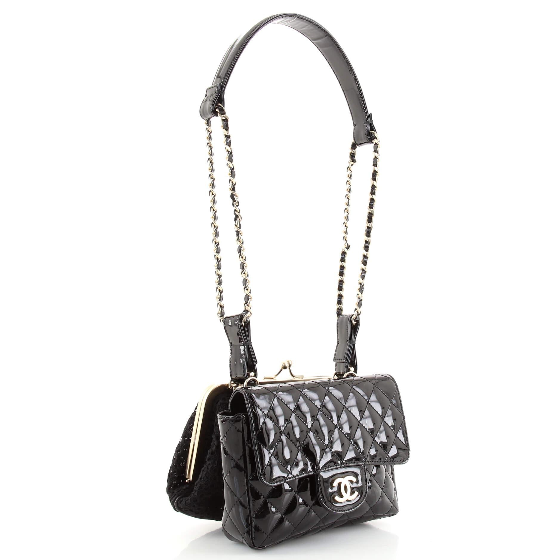 Black Chanel Twin Chain Shoulder Bag Quilted Patent and Lace