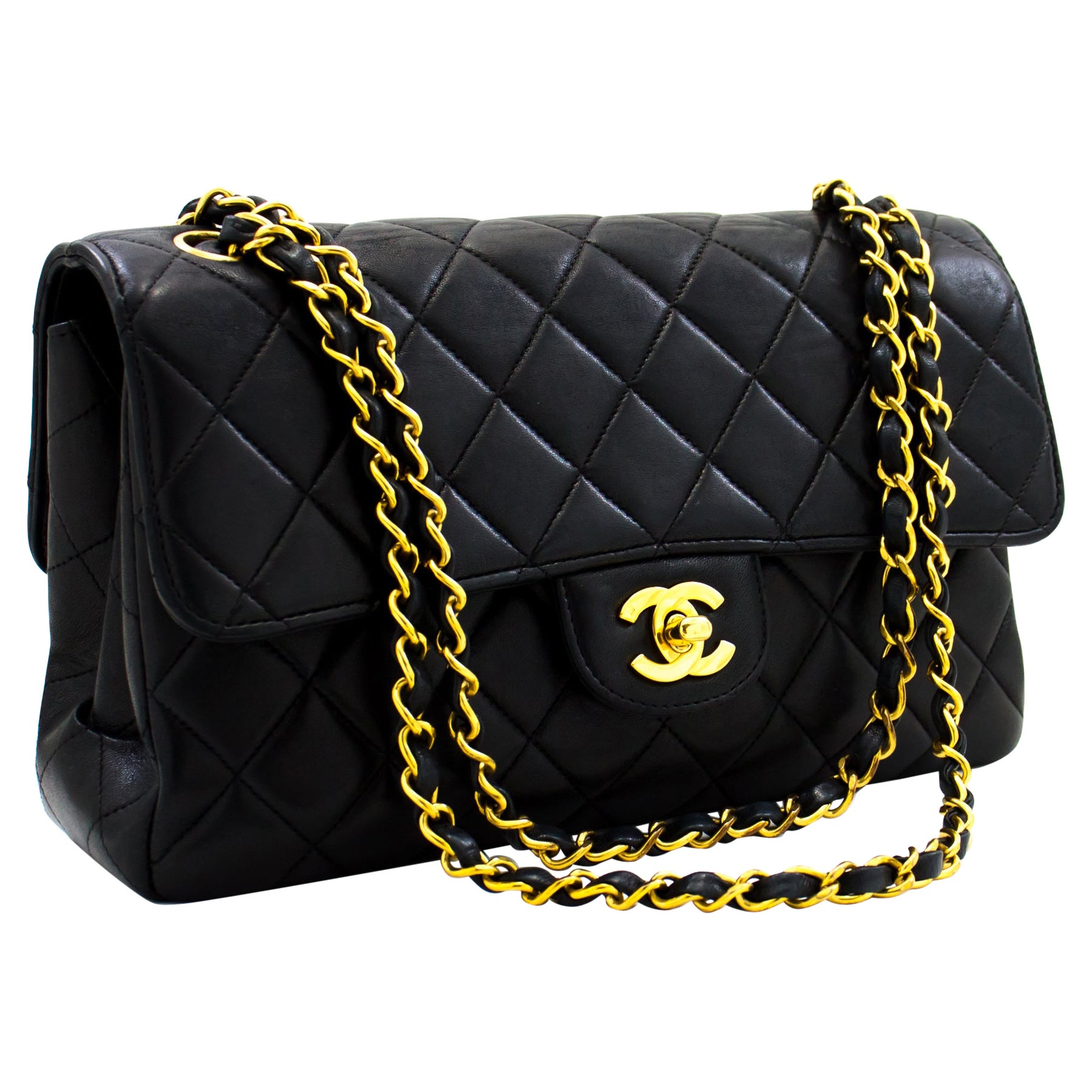 CHANEL Zweiseitige Umhängetasche mit Kette und Klappe, schwarz, gesteppt im Angebot