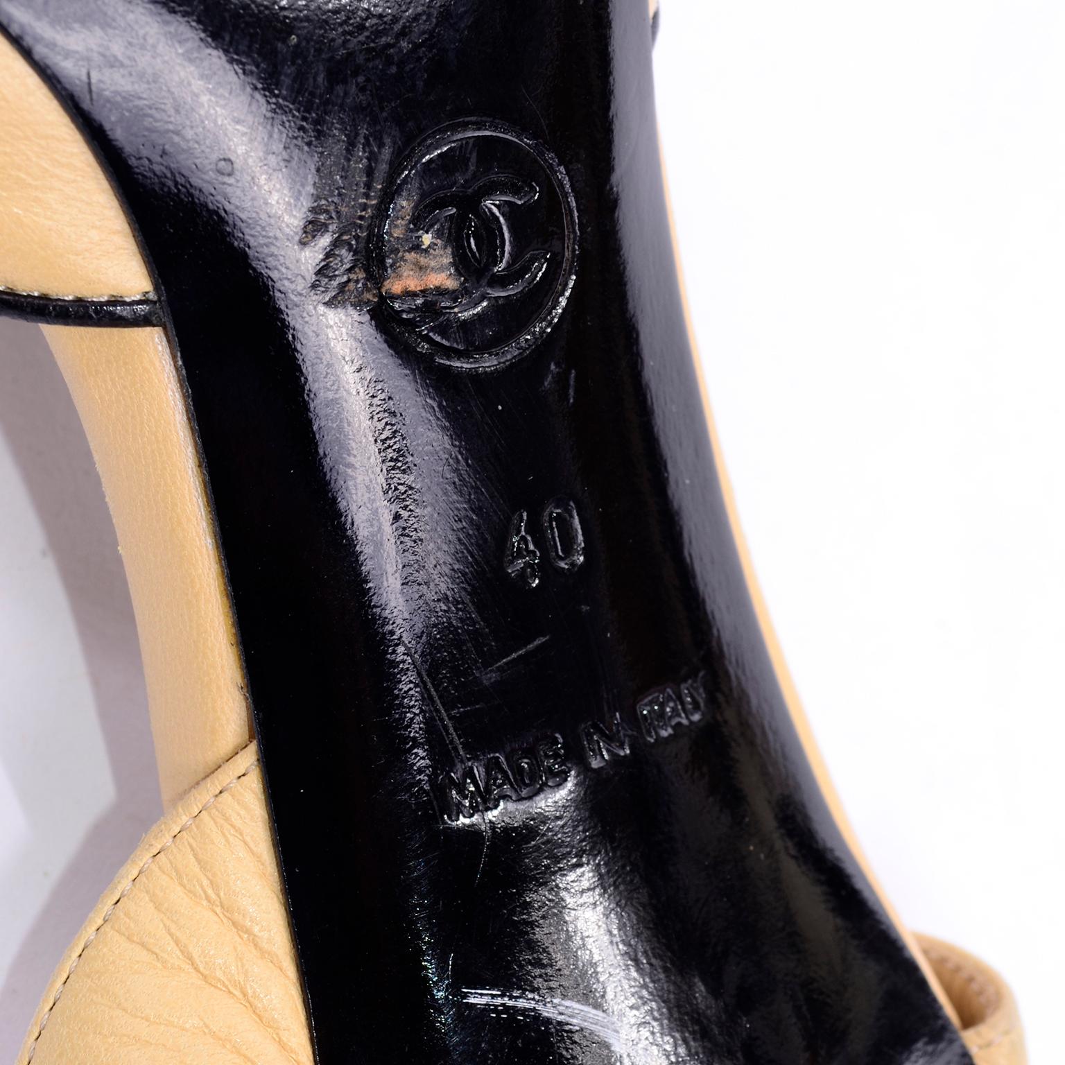 Chanel Two Tone Beige Black Slingback Heels W Round Cap Toe & CC Logo Size 40 1