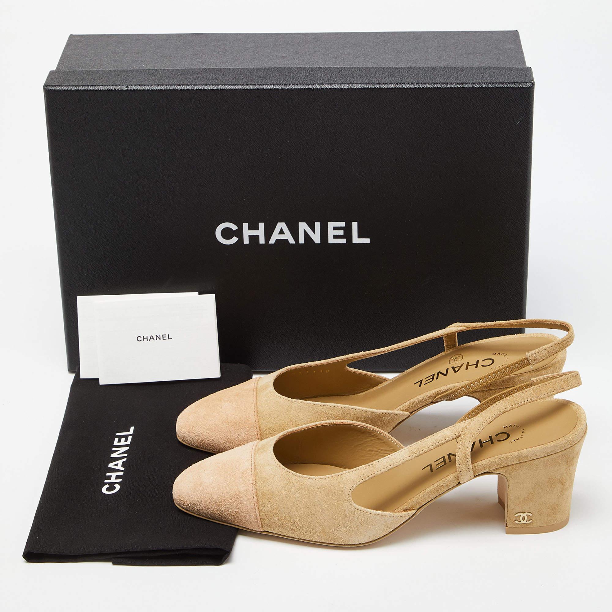 Chanel Two Tone Beige Cap Toe Suede Slingback Sandals Size 37.5 5
