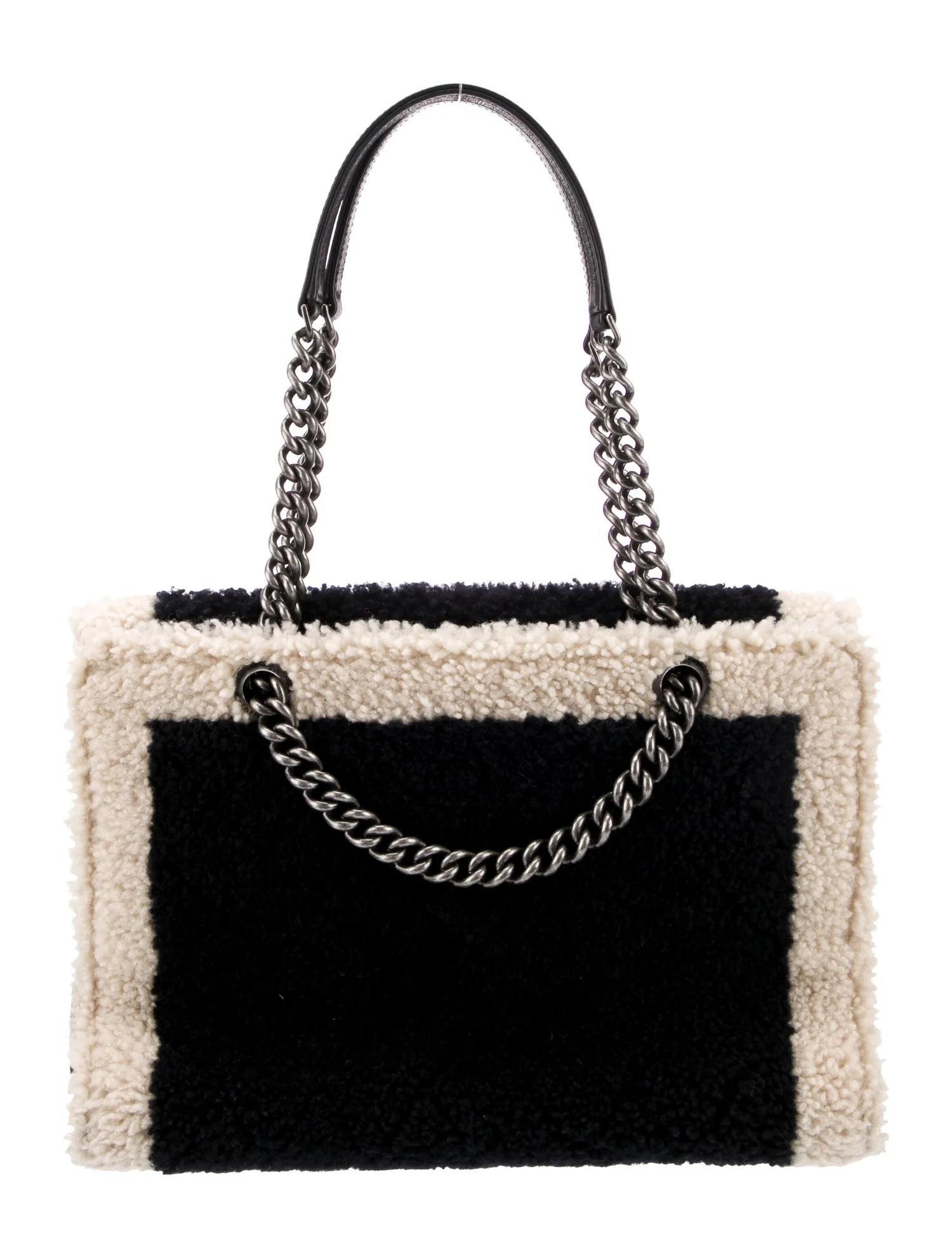 Chanel 2015 Two Tone Black Ivory Plush Shearling Large Boy Shopping Tote Bag en vente 5